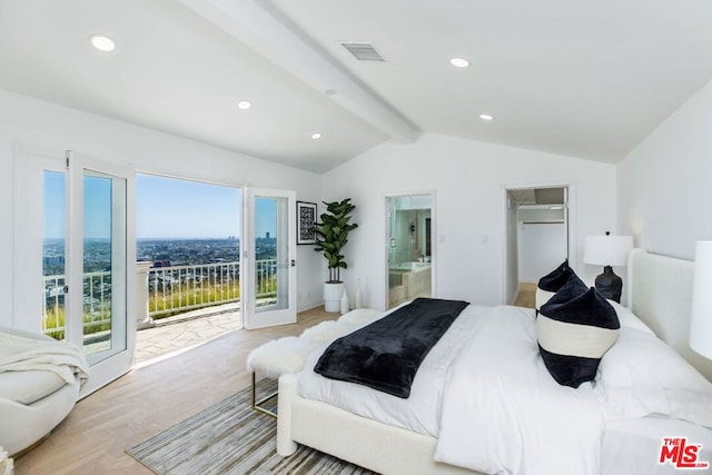 bedroom with vaulted ceiling with beams, ensuite bathroom, light hardwood / wood-style floors, and access to outside