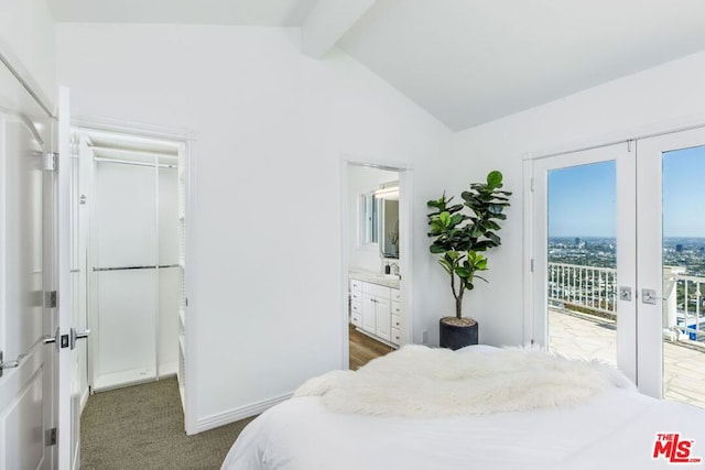 carpeted bedroom with lofted ceiling with beams, ensuite bathroom, access to outside, and french doors