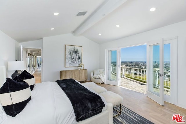 bedroom with access to exterior, french doors, lofted ceiling with beams, and light wood-type flooring