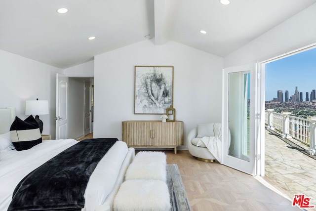 bedroom with vaulted ceiling with beams and light parquet flooring