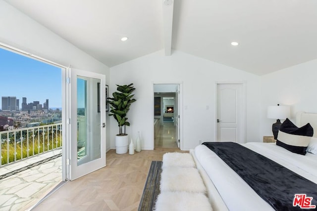 bedroom featuring access to outside, light parquet floors, and lofted ceiling with beams