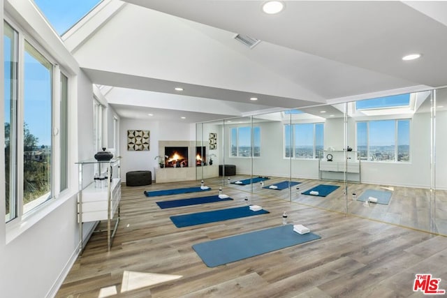 exercise area featuring light hardwood / wood-style floors and high vaulted ceiling