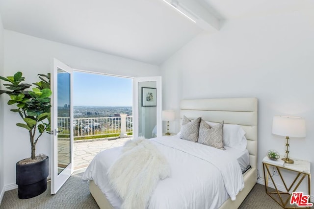 carpeted bedroom featuring vaulted ceiling with beams and access to outside