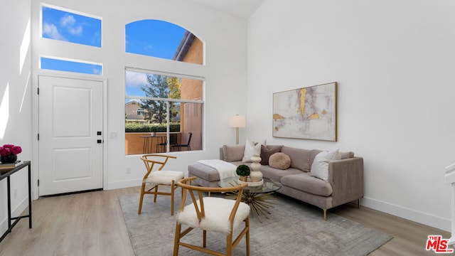 living room with light hardwood / wood-style floors and high vaulted ceiling