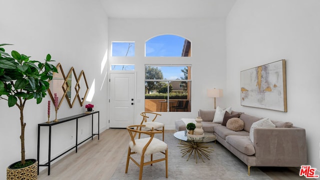 living room with a towering ceiling and light wood-type flooring