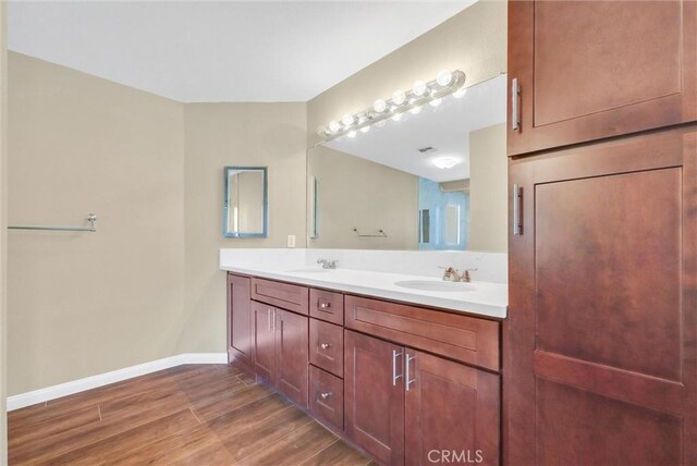 bathroom with vanity and wood-type flooring