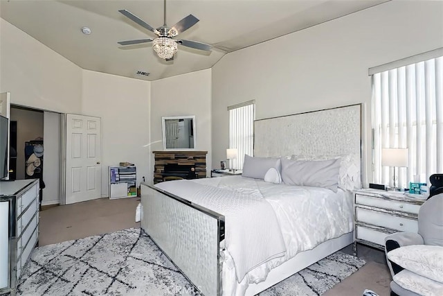 bedroom with high vaulted ceiling and ceiling fan