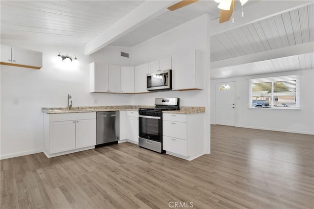 kitchen with sink, stainless steel appliances, beamed ceiling, light hardwood / wood-style floors, and white cabinets