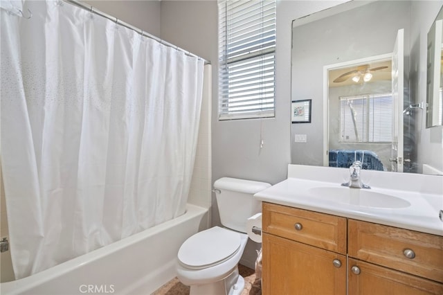 bathroom with shower / bathtub combination with curtain, toilet, connected bathroom, and vanity