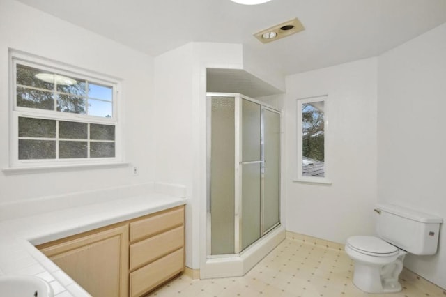 bathroom with toilet, vanity, and a shower with shower door