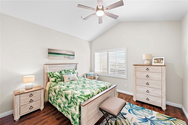 bedroom featuring lofted ceiling, ceiling fan, and dark wood-type flooring