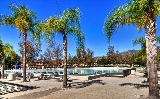 view of pool featuring a mountain view