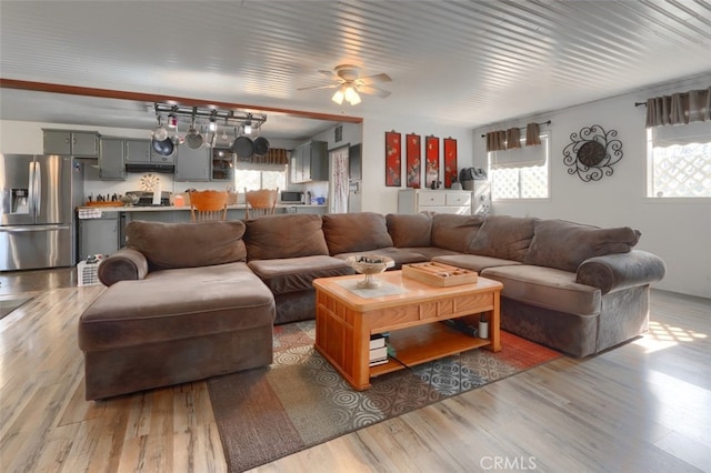 living room featuring ceiling fan and light wood-type flooring