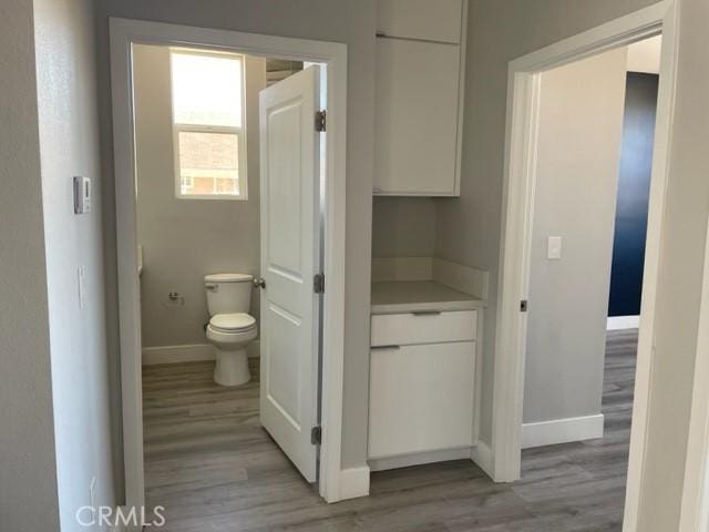 bathroom with hardwood / wood-style flooring and toilet