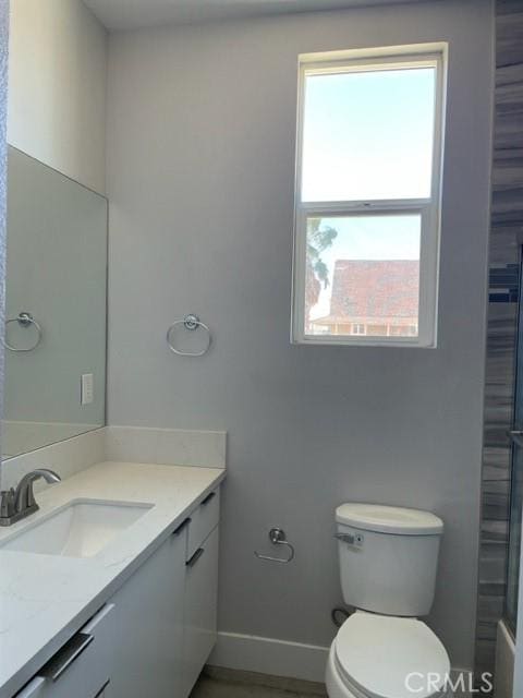 bathroom featuring a shower, vanity, and toilet