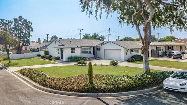 single story home featuring a front yard and a garage