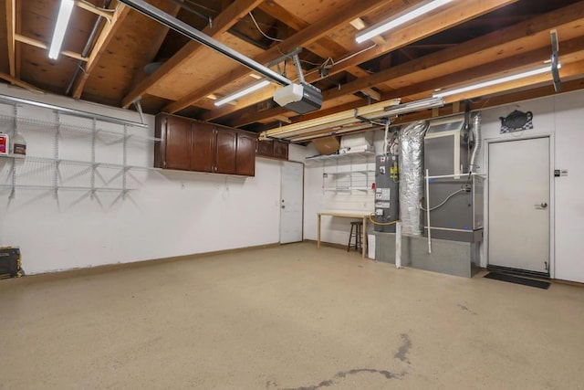 garage with heating unit, a garage door opener, and water heater