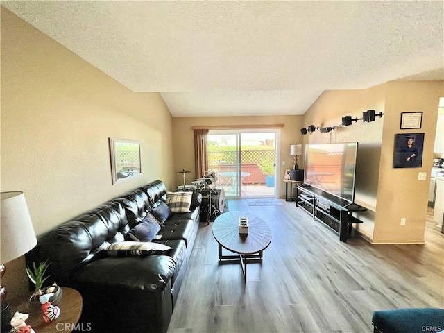 living room with hardwood / wood-style floors, a textured ceiling, and lofted ceiling