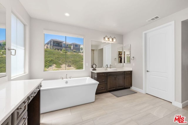 bathroom with a bathing tub and vanity