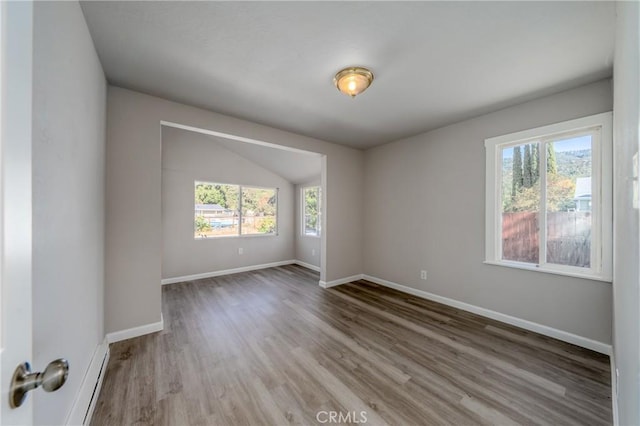 empty room with hardwood / wood-style floors, a healthy amount of sunlight, and lofted ceiling