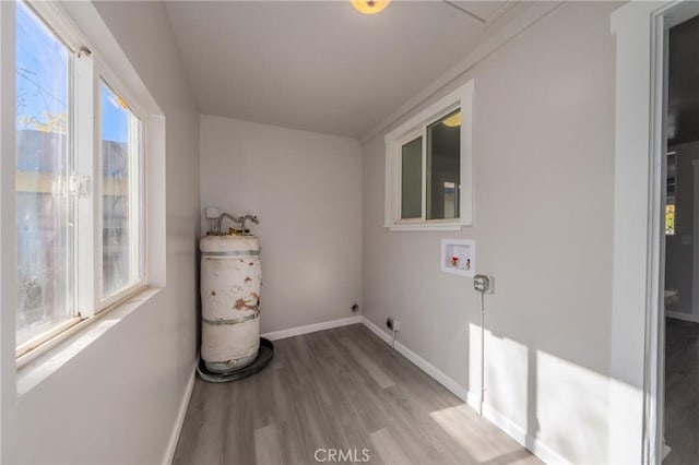 washroom featuring hookup for a washing machine, light hardwood / wood-style flooring, electric dryer hookup, and water heater