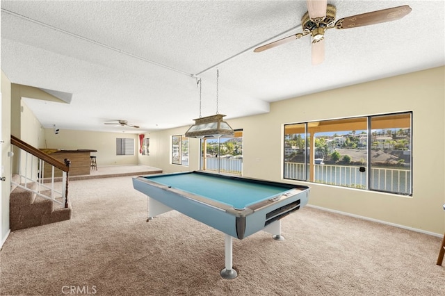 playroom with carpet, ceiling fan, a textured ceiling, billiards, and baseboards