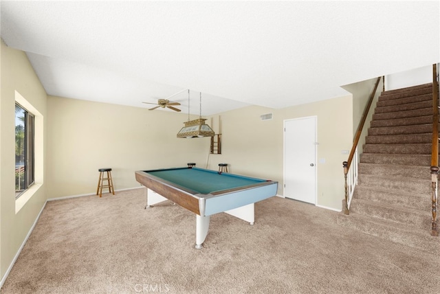 recreation room with pool table, carpet, and baseboards