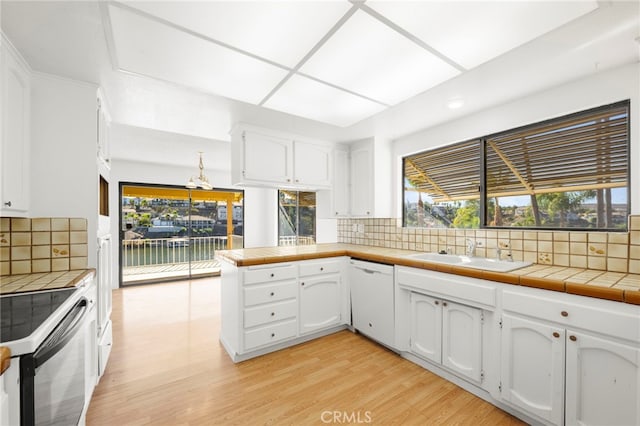 kitchen with electric range oven, white cabinetry, a sink, dishwasher, and a peninsula