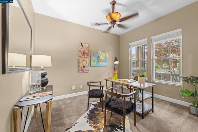 office space with carpet flooring and ceiling fan