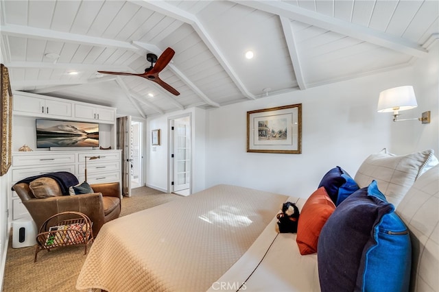 bedroom featuring light carpet, vaulted ceiling with beams, wood ceiling, and a ceiling fan