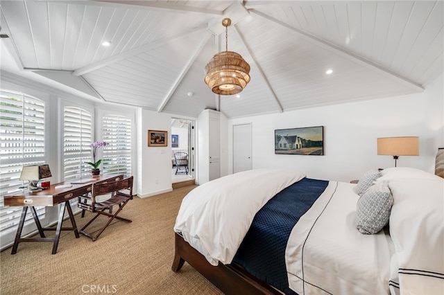 bedroom featuring lofted ceiling with beams, wooden ceiling, recessed lighting, light carpet, and baseboards