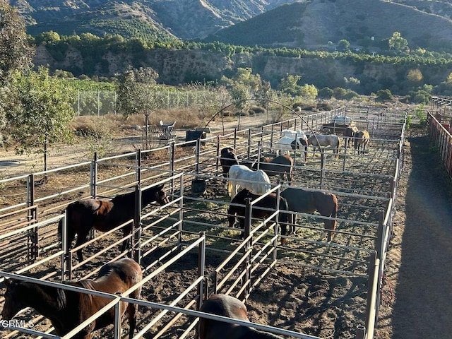 view of horse barn featuring a mountain view and a rural view