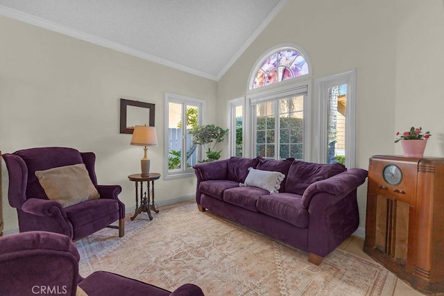 living room featuring light tile patterned floors, high vaulted ceiling, a wealth of natural light, and crown molding