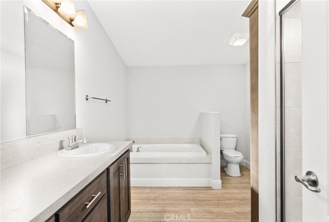 bathroom featuring a bathing tub, vanity, wood-type flooring, and toilet