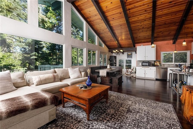 living room featuring beamed ceiling, high vaulted ceiling, dark hardwood / wood-style floors, a chandelier, and wood ceiling