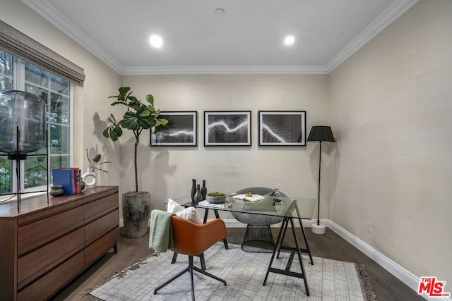 office featuring wood-type flooring and ornamental molding