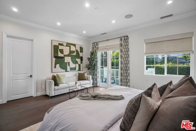 bedroom featuring access to exterior, crown molding, dark hardwood / wood-style flooring, and french doors