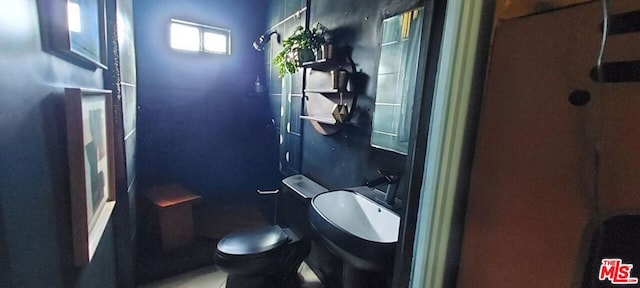 bathroom featuring walk in shower and toilet