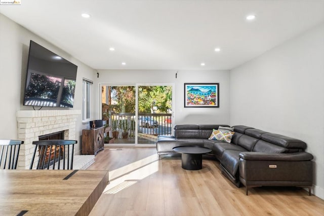 living room with a fireplace and light wood-type flooring