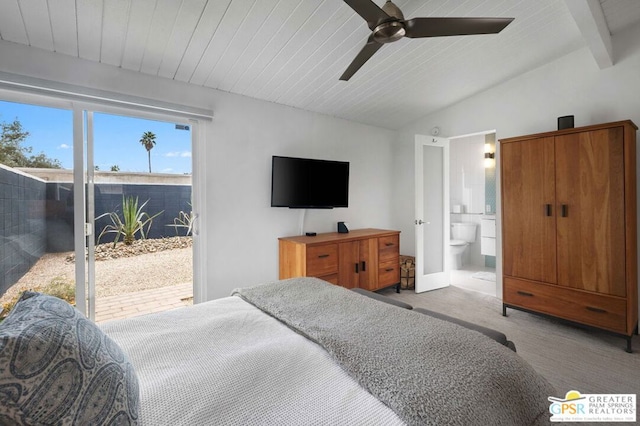 bedroom featuring light carpet, access to outside, ceiling fan, lofted ceiling with beams, and connected bathroom