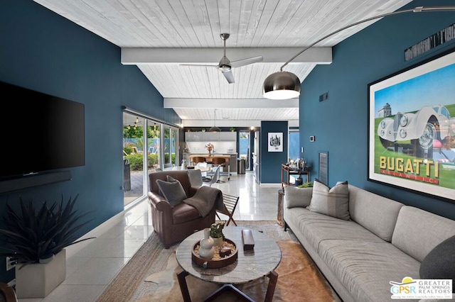 tiled living room featuring vaulted ceiling with beams, ceiling fan, and wood ceiling