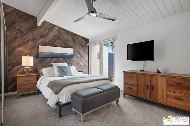 carpeted bedroom with ceiling fan, wood walls, wooden ceiling, and beam ceiling