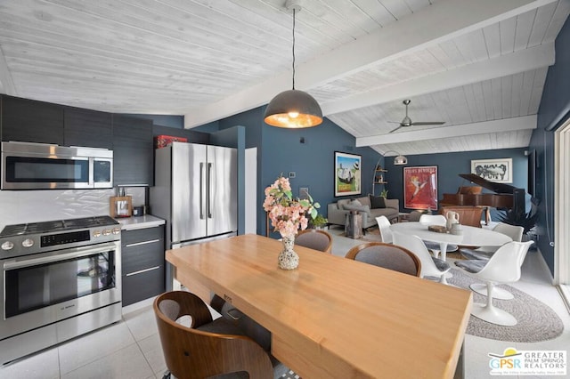 dining room with lofted ceiling with beams, ceiling fan, light tile patterned floors, and wooden ceiling