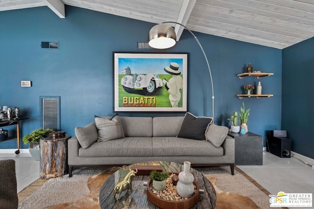 tiled living room featuring lofted ceiling with beams and wood ceiling