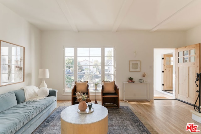 living room with beam ceiling, plenty of natural light, and hardwood / wood-style flooring