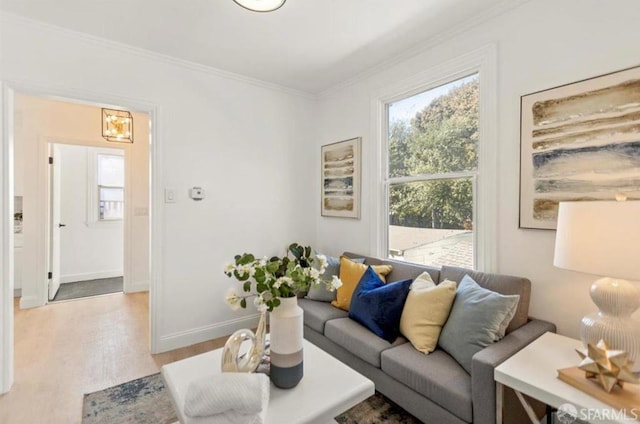 living room with light wood-type flooring and ornamental molding