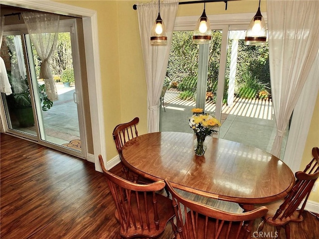 dining space featuring dark hardwood / wood-style flooring and a wealth of natural light