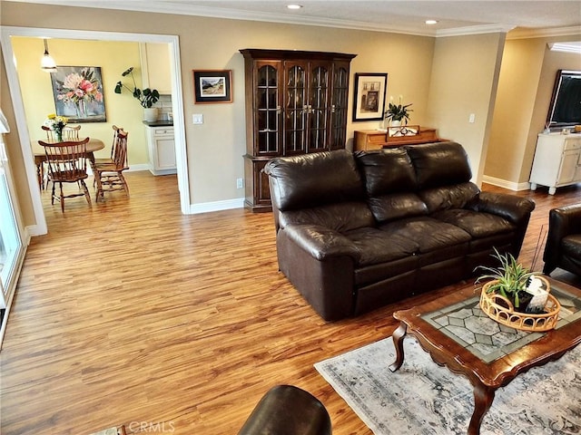 living room featuring light hardwood / wood-style floors and ornamental molding