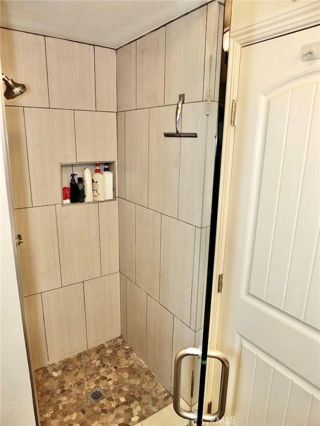 bathroom with a shower with shower door