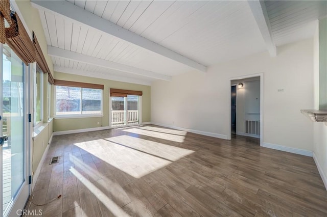 unfurnished living room featuring beam ceiling and dark wood-type flooring